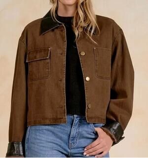 NWT Elan Brown Denim Barn Leather Trim Jacket